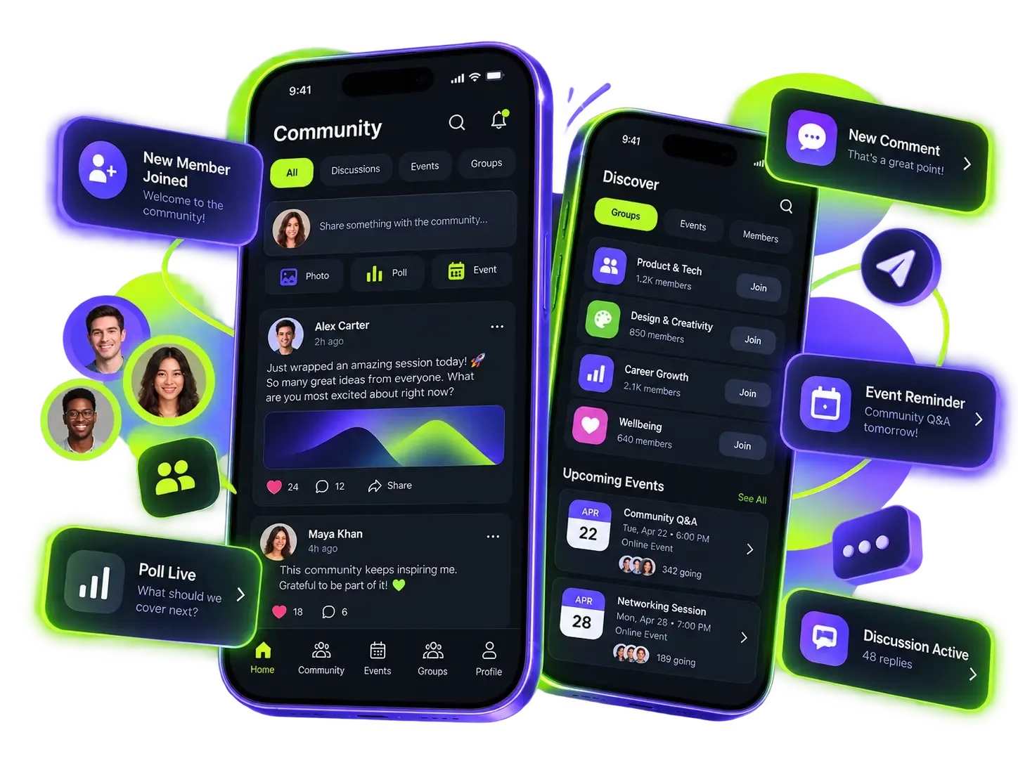 Community app interfaces showing member discussions, groups, events and notifications