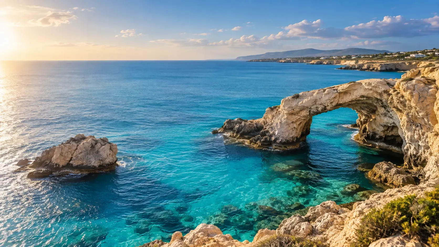 A natural rock arch over clear turquoise water on the Cyprus coastline