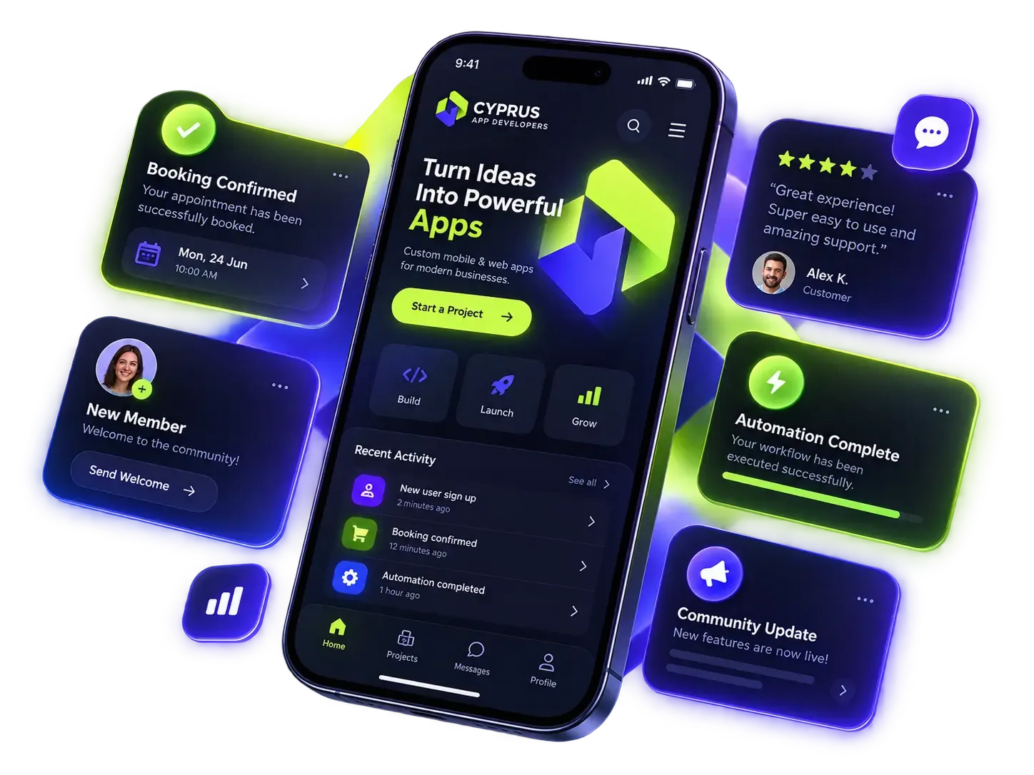 The Cyprus App Developers app shown on a phone, surrounded by interface cards illustrating bookings, community activity and automation — illustrative product design, not real client data