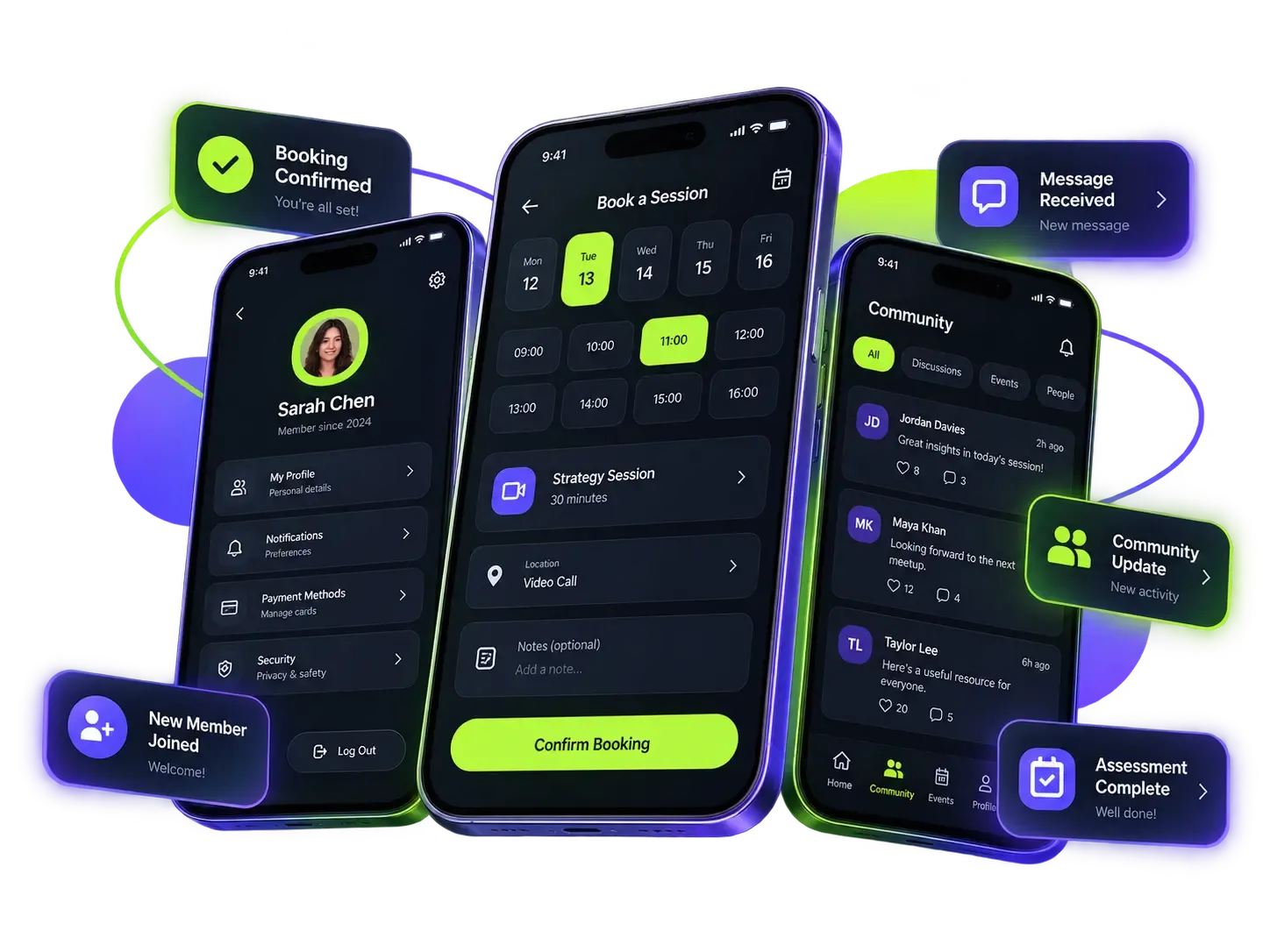 Mobile app interfaces showing bookings, member profiles and community features