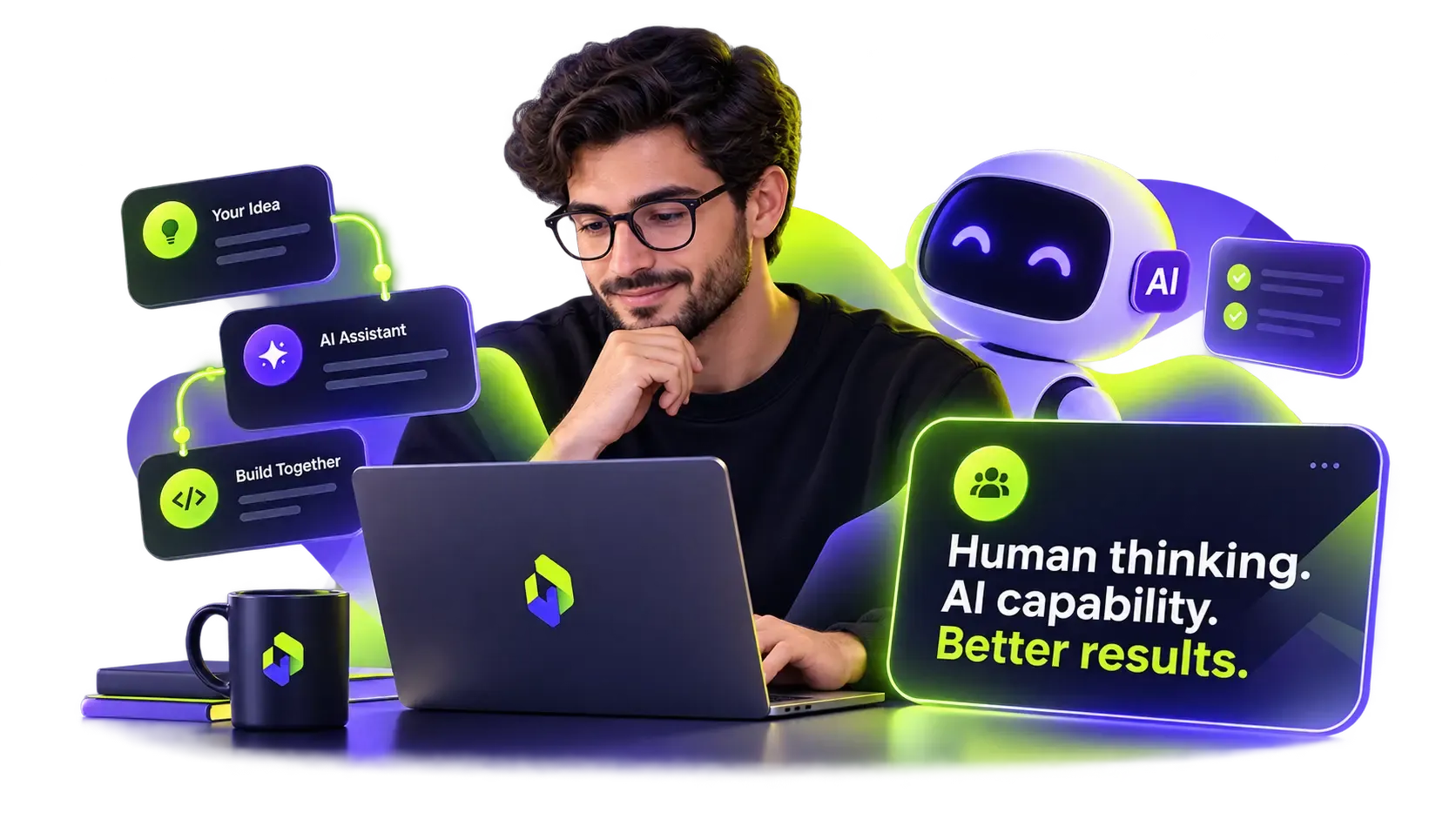 An illustration of a developer working with AI-assisted tools, with a note reading Human thinking, AI capability, Better results