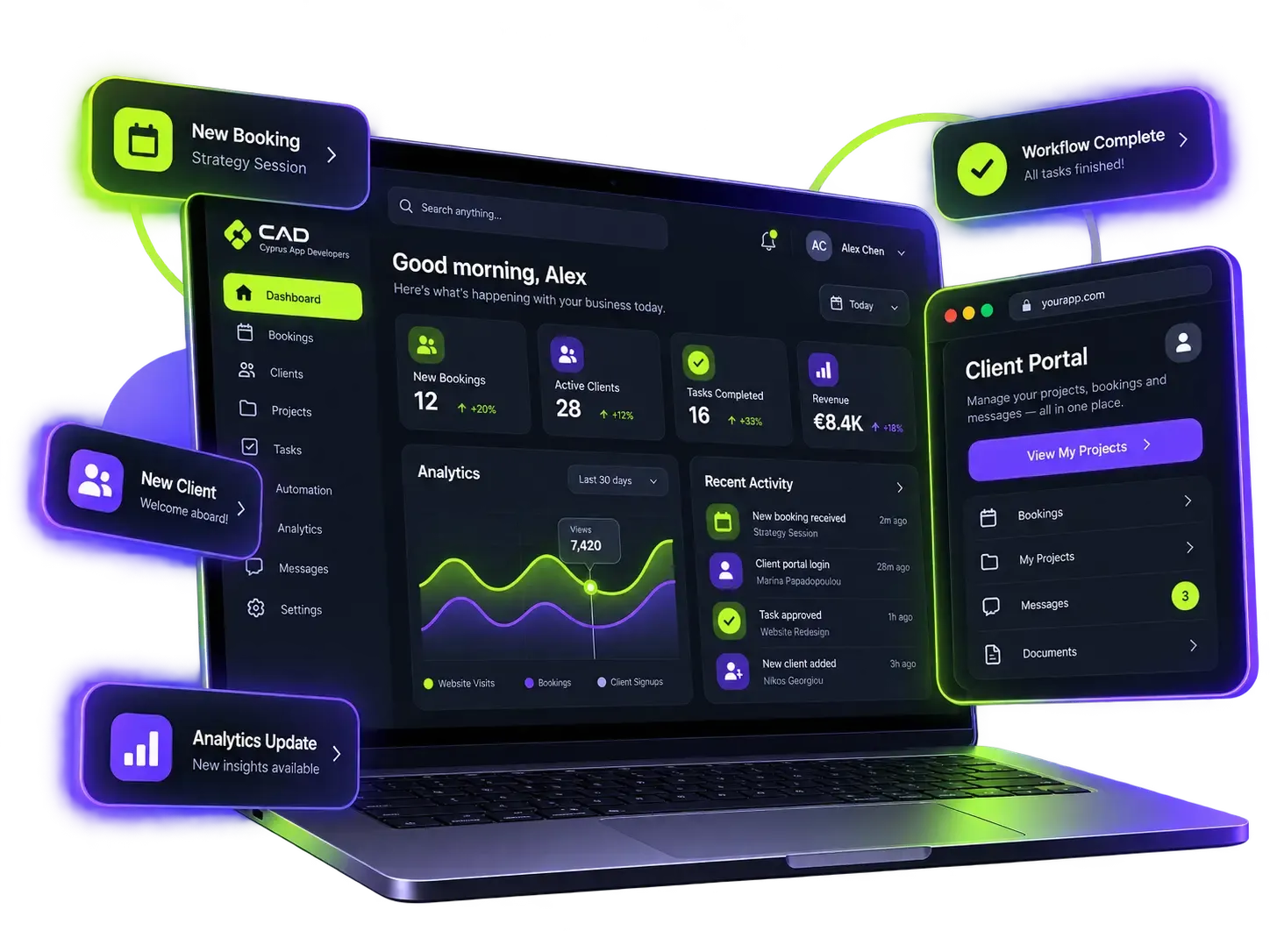 Web application dashboard with client portal, bookings, analytics and workflow tools